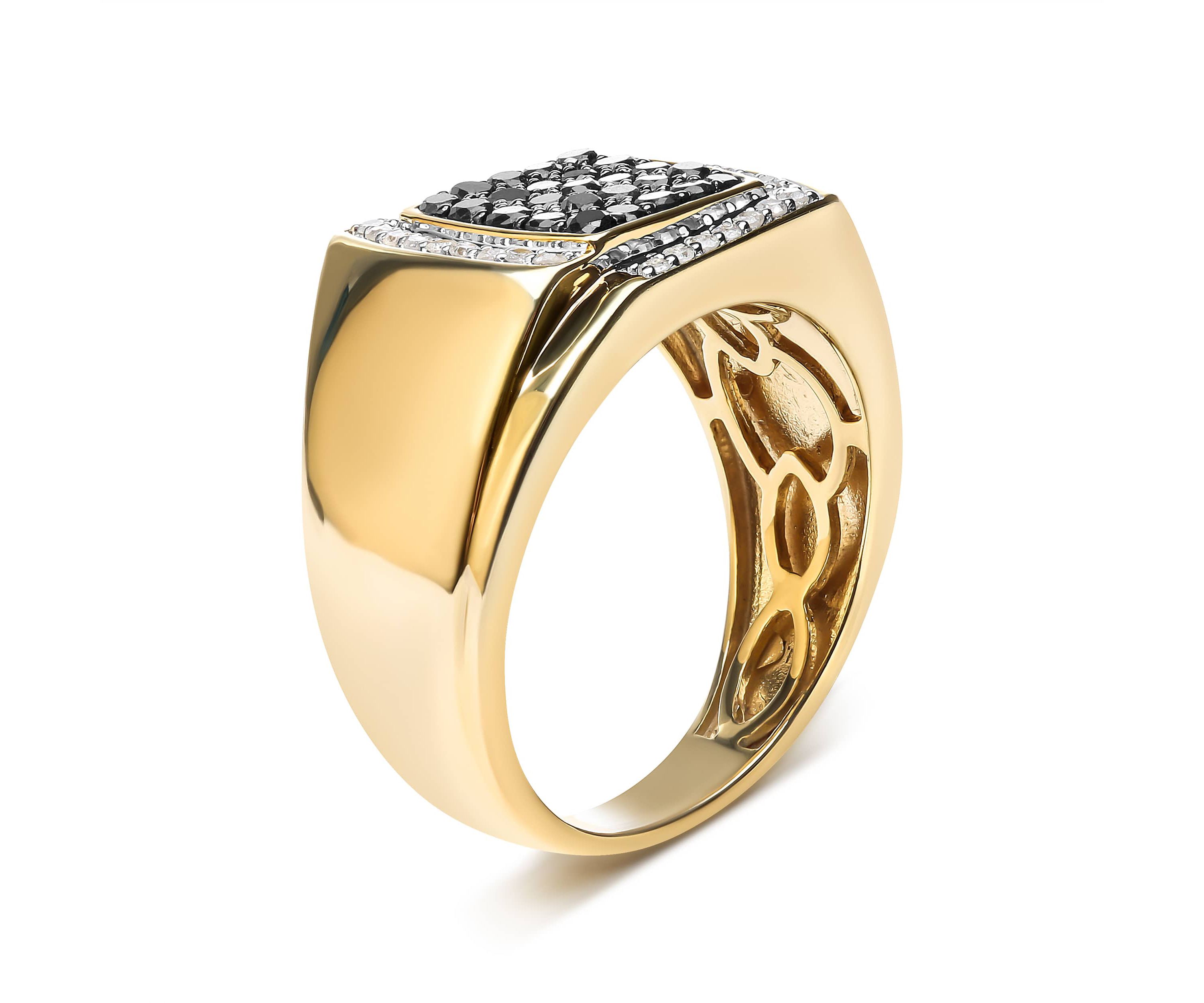 Mens 10K Yellow Gold 1.00 Cttw Cluster Black and White Diamond Statement Ring