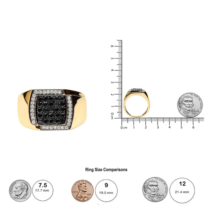 Mens 10K Yellow Gold 1.00 Cttw Cluster Black and White Diamond Statement Ring