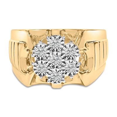 Haus of Brilliance Men's 14K Yellow Gold Plated Silver 1/3 Cttw Miracle-Set Floral Diamond Cluster Ring, White, 10