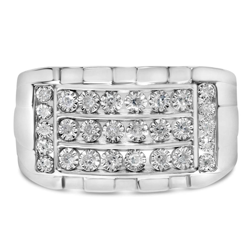 .925 Sterling Silver 1/4 Cttw Diamond Three Row Channel Band Ring