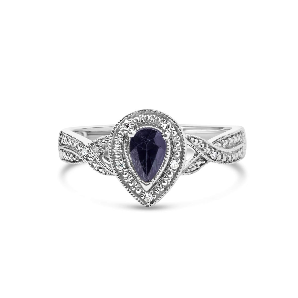 Silver Sapphire Gemstone with Diamond Accent Fashion Halo Ring