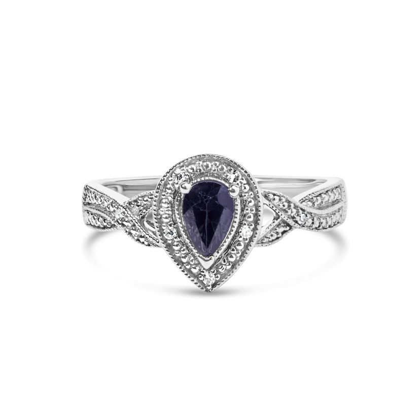 Silver Sapphire Gemstone with Diamond Accent Fashion Halo Ring