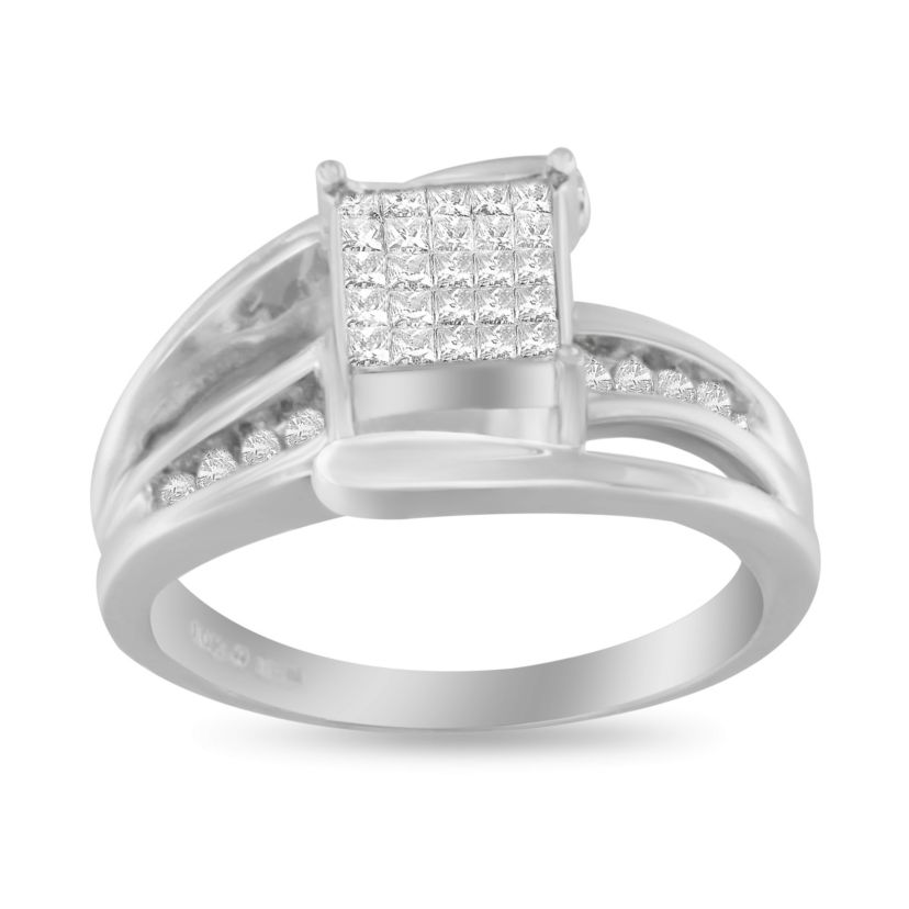 10K White Gold 1/3 Cttw Diamond Cluster Bypass Ring