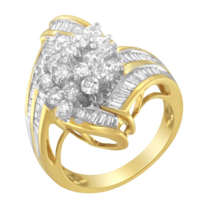 10K Yellow Gold Round and Baguette Diamond Swirl Ring