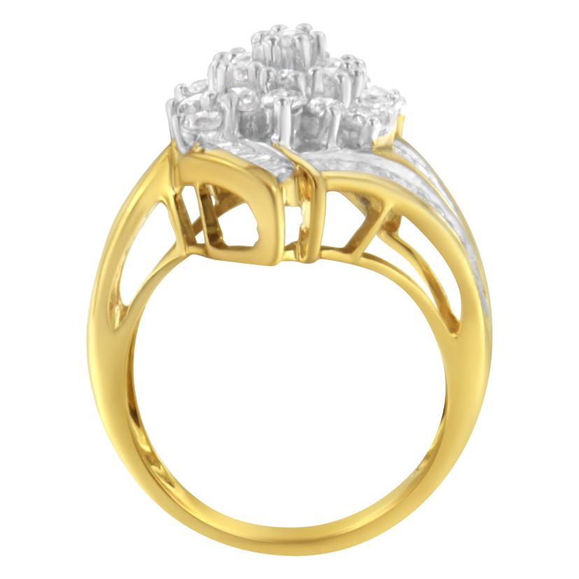 10K Yellow Gold Round and Baguette Diamond Swirl Ring