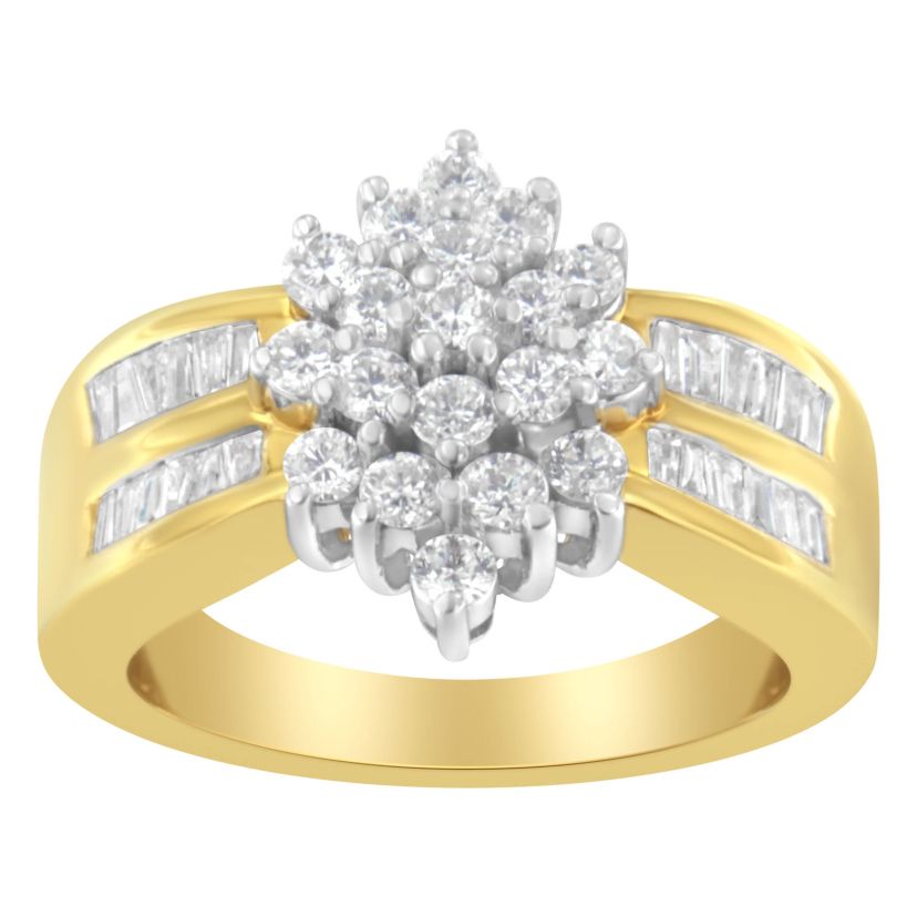 10K Yellow Gold 1.0 Cttw Diamond Floral Cluster Band Statement Ring