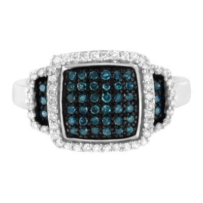 Haus of Brilliance Black Rhodium Plated Silver 1/2 Cttw White & Blue Diamond Cocktail Ring, 6.5