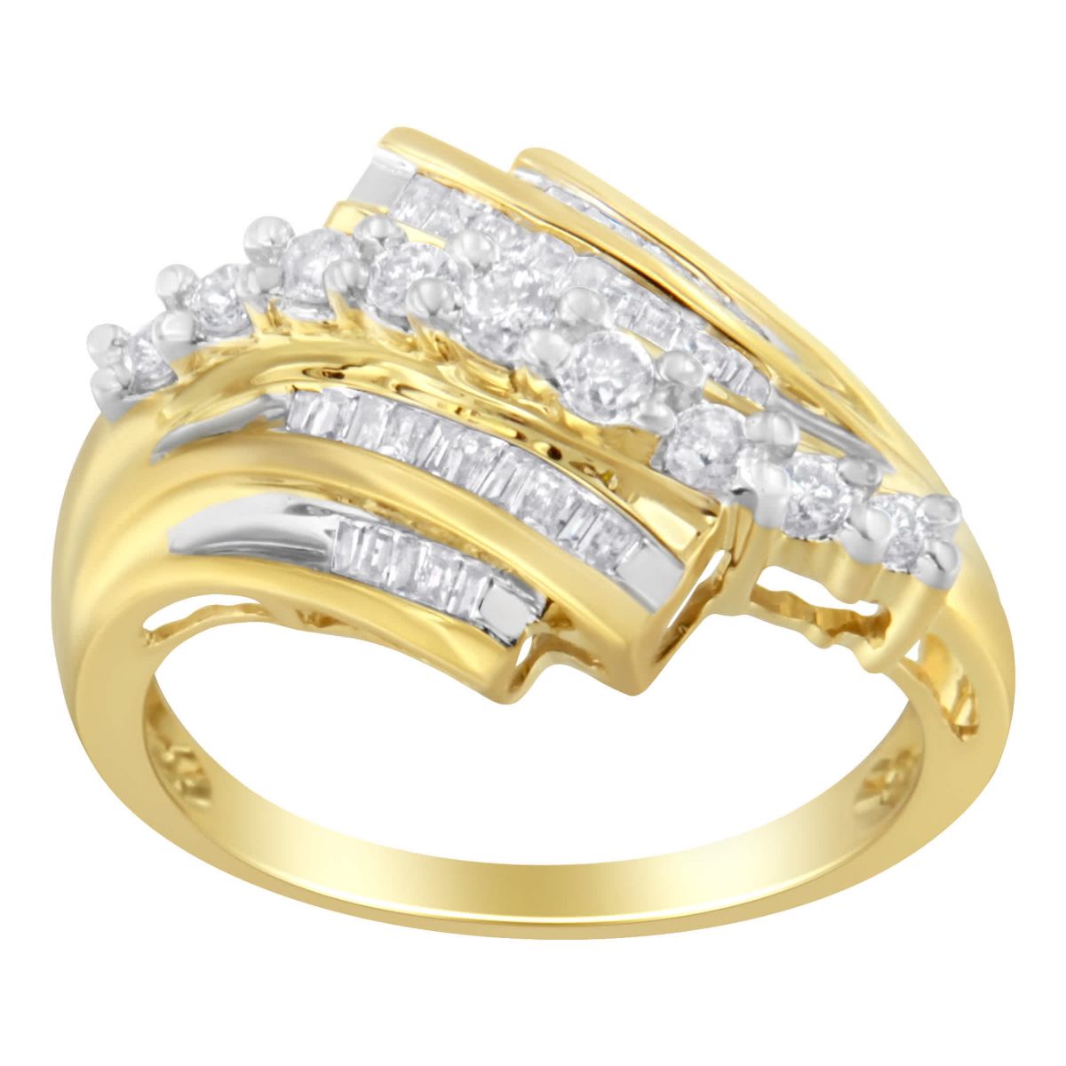 10K Yellow Gold Round and Baguette Diamond-Cut Ring