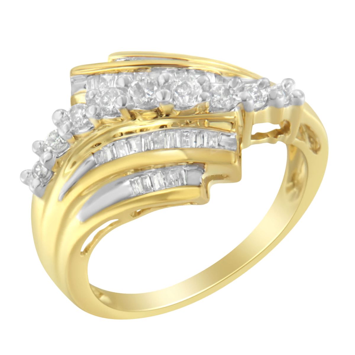 10K Yellow Gold Round and Baguette Diamond-Cut Ring