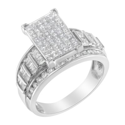 Haus of Brilliance 14K White Gold 2.0 Cttw Mixed-Cut Diamond Rectangle Invisible-Set Composite Cluster Ring with Bar- and Channel-Set Band, 7