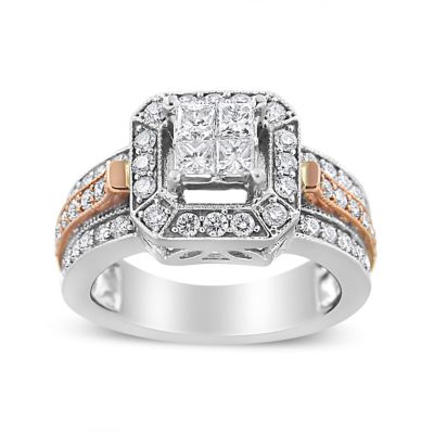 Haus of Brilliance 14K White and Rose Gold 1 1/8 Cttw Princess and Round-Cut Diamond Art Deco Style Triple Shank Halo Cocktail Ring
