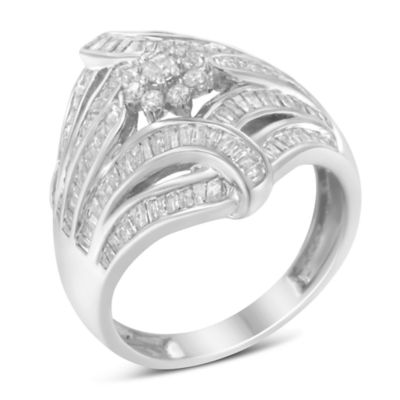 Haus of Brilliance .925 Sterling Silver 1-1/8 Cttw Round & Baguette Diamond 'Flower & Fern' Cluster Cocktail Fashion Ring
