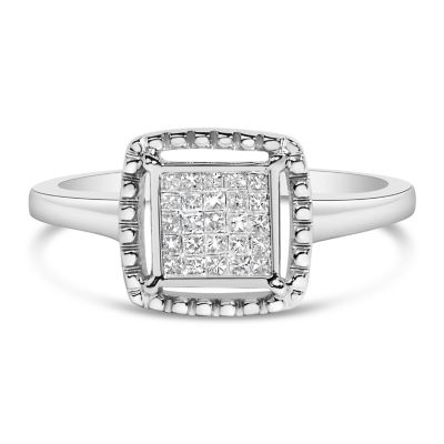 Haus of Brilliance .925 Sterling Silver 1/5 Cttw Invisible Set Princess Cut Diamond Promise Ring with Beaded Halo, 7
