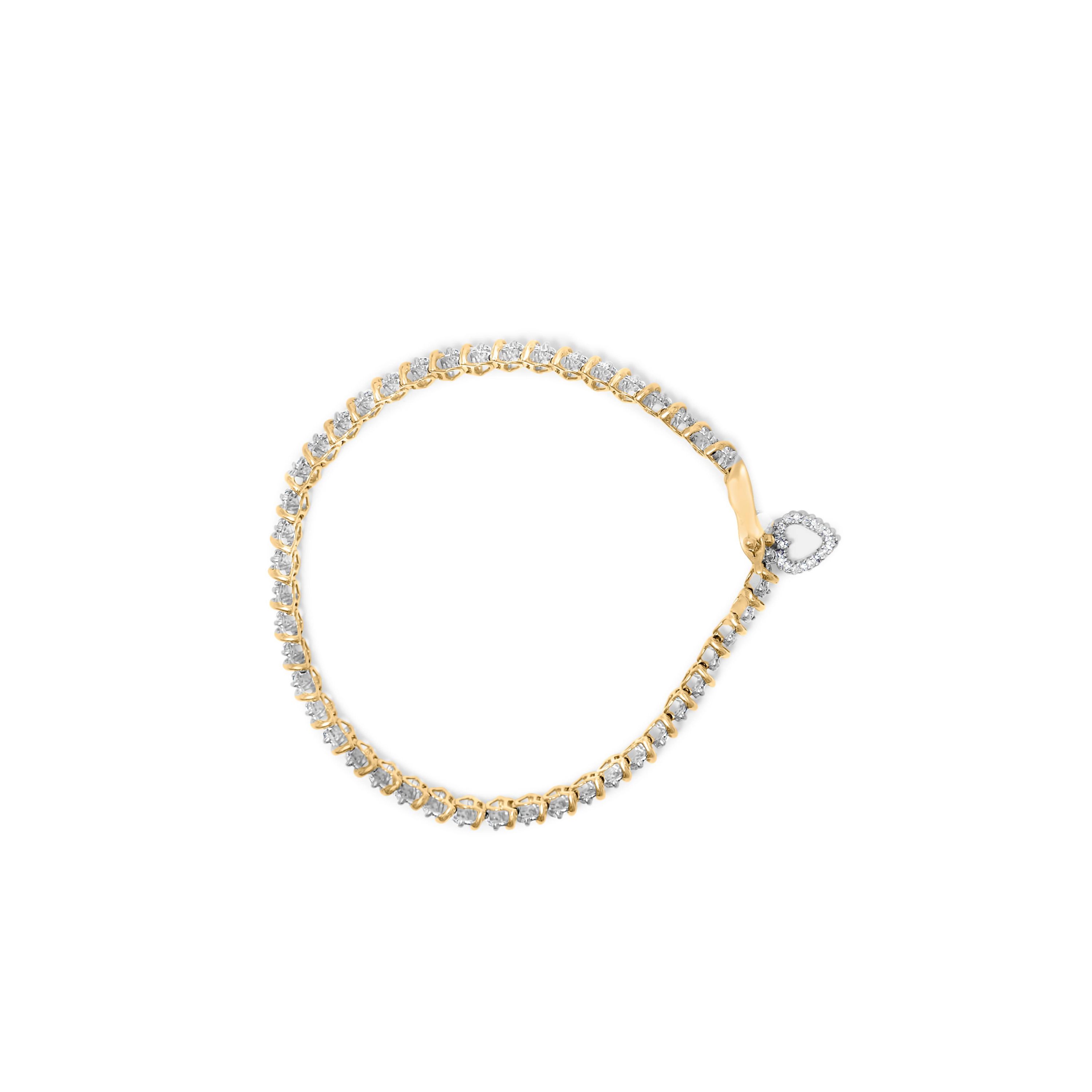 10K Yellow Gold over Silver 2.0 Cttw Diamond Heart Charm 7" Link Bracelet