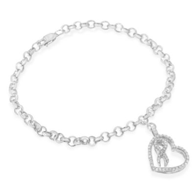 Haus of Brilliance Silver 1/4 Cttw Diamond-Accented Heart and Ribbon Charm 7" Link Chain Bracelet, White, 7 in