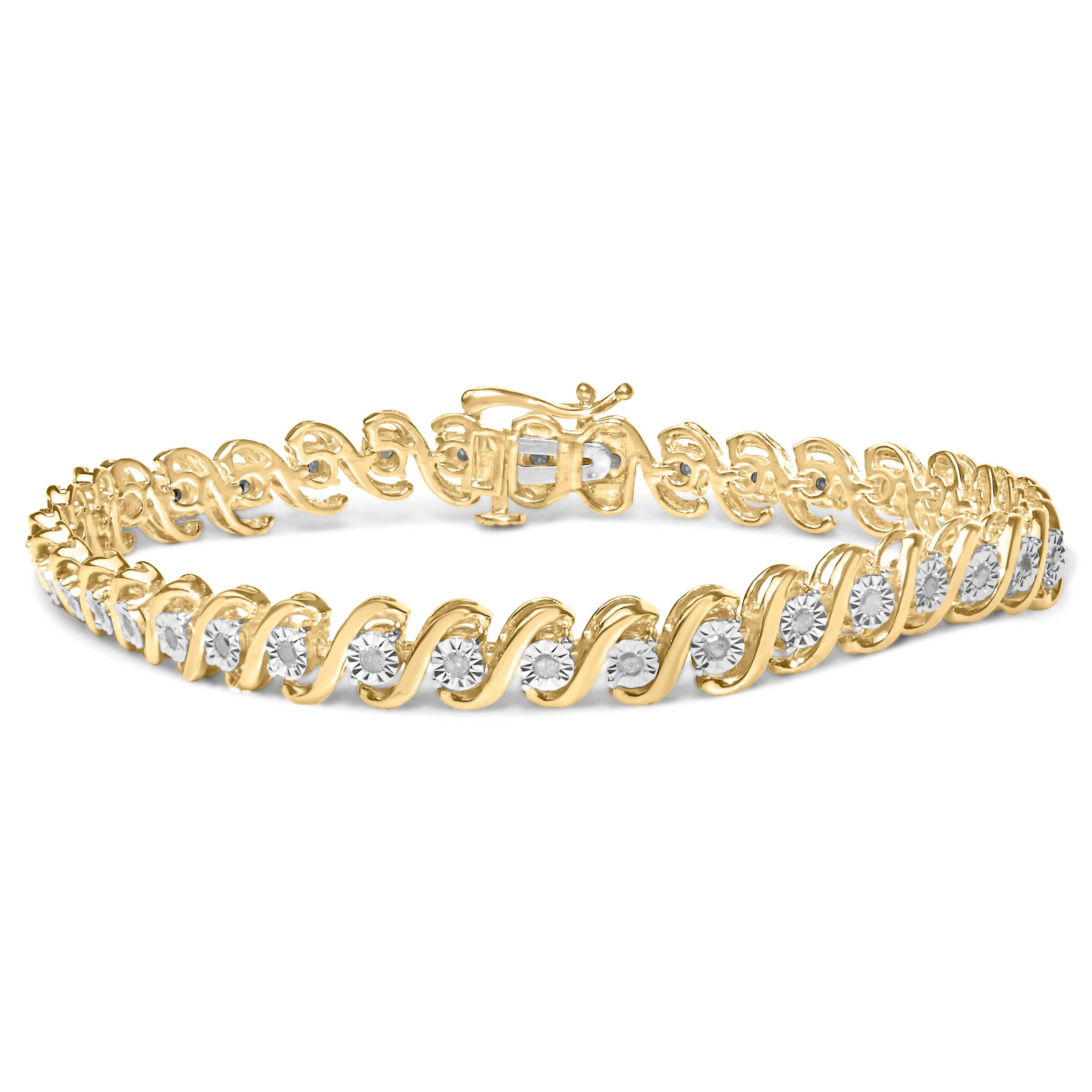 14K Yellow Gold Plated Silver 1/2 Cttw Diamond S-Curve Tennis Bracelet