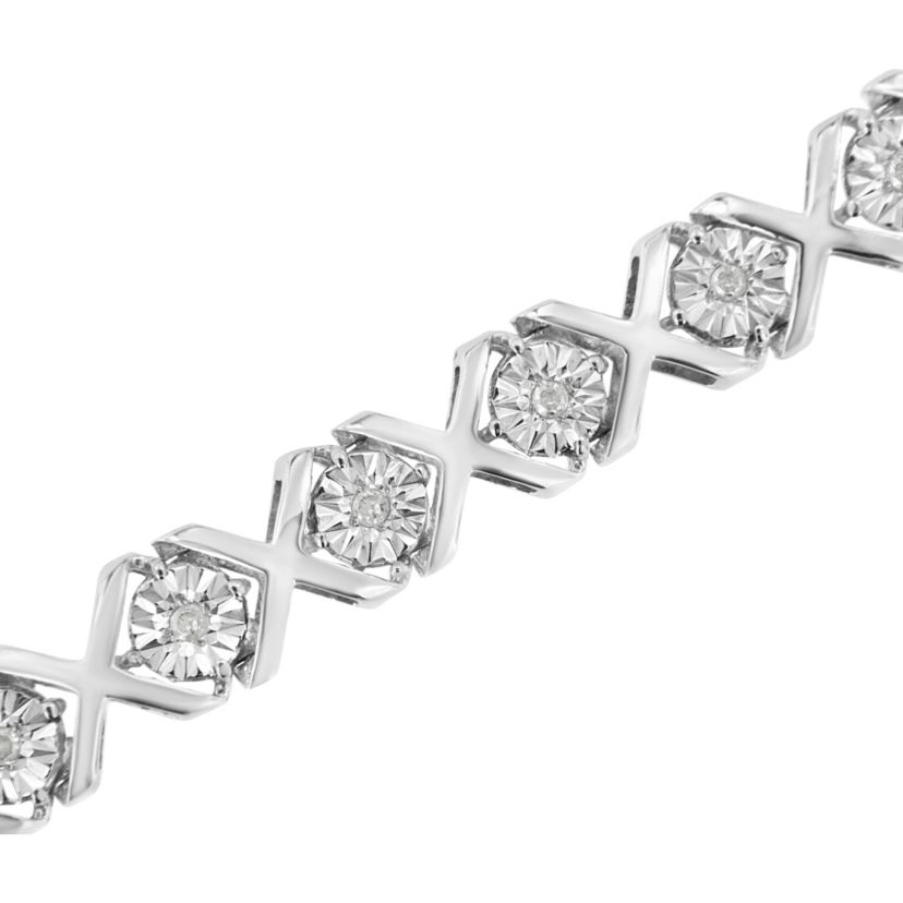 Silver 1/4 Cttw Miracle-Set Round Cut Diamond "X" Link Bracelet - Size 7.25"