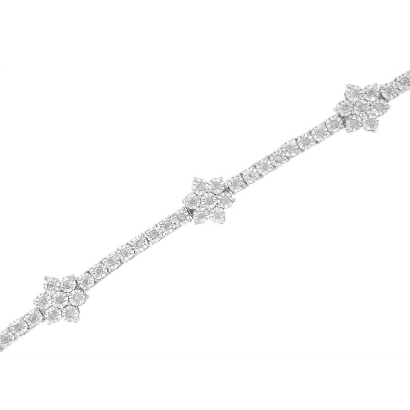 Silver 1.0 cttw Miracle-Set Diamond Floral Station Tennis Bracelet - 7-1/2"