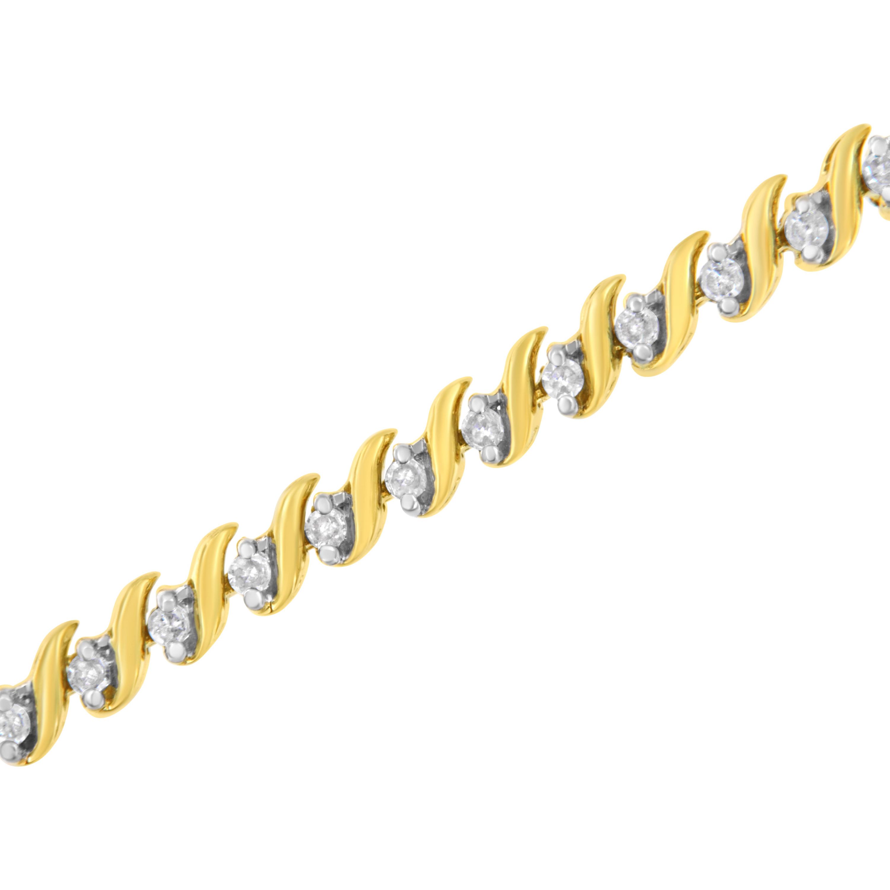 10K Yellow Gold Plated Silver 1/2 Cttw 2-  Diamond S Link Tennis Bracelet- 7.25"