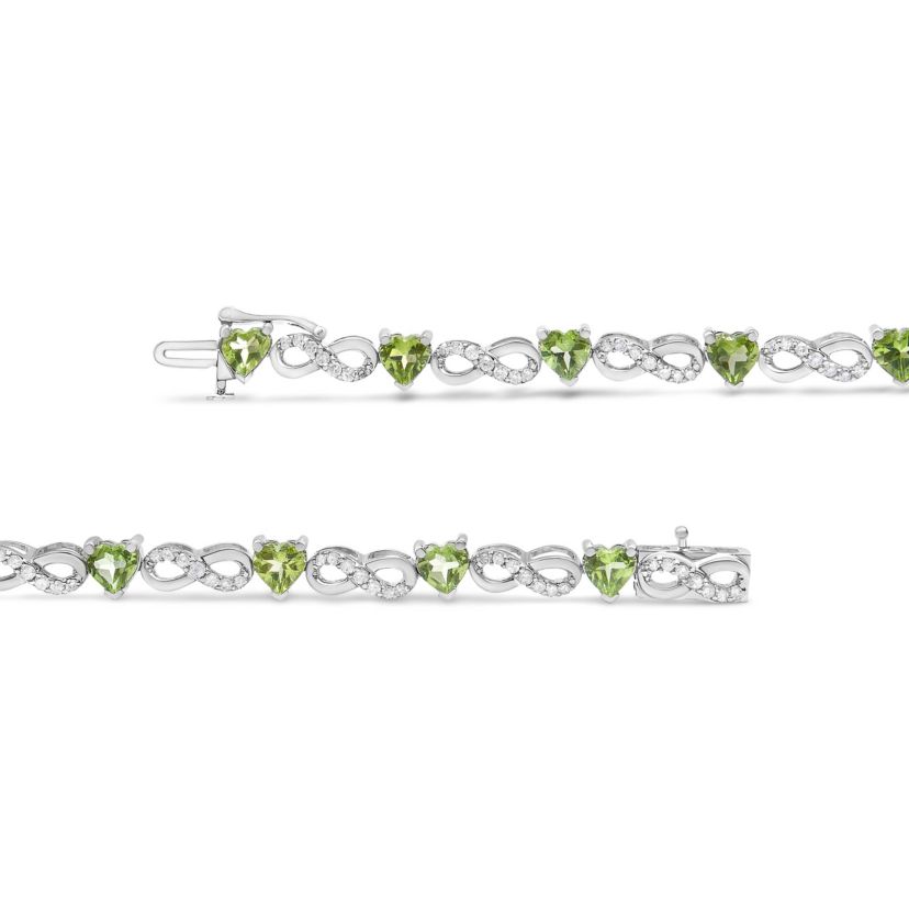 Silver 1.00 Ctw Diamond and Created Green Heart Peridot Infinity Link Bracelet