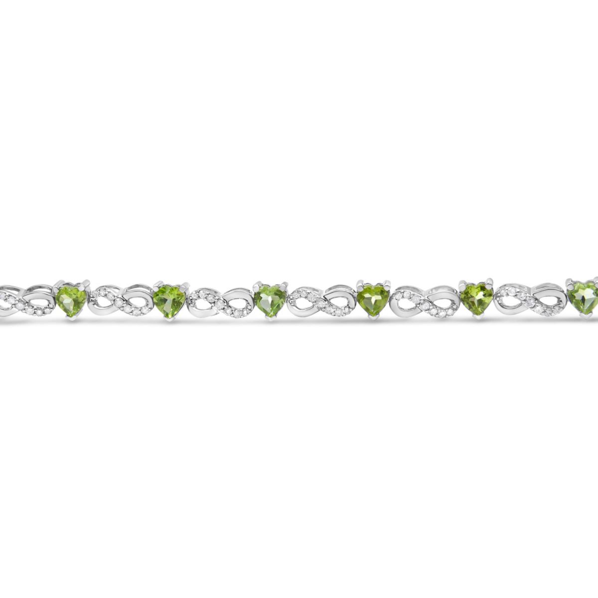 Silver 1.00 Ctw Diamond and Created Green Heart Peridot Infinity Link Bracelet