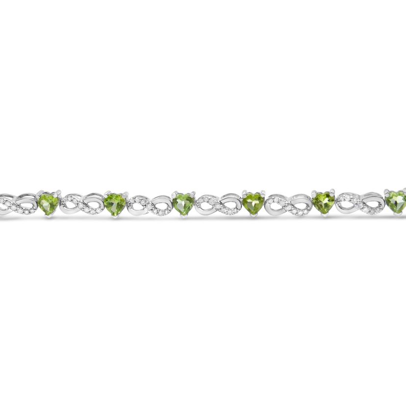 Silver 1.00 Ctw Diamond and Created Green Heart Peridot Infinity Link Bracelet
