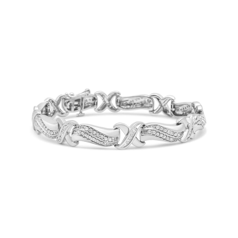 .925 Sterling Silver 1 3/4 Cttw Diamond Wave and X Link Tennis Bracelet - 7"