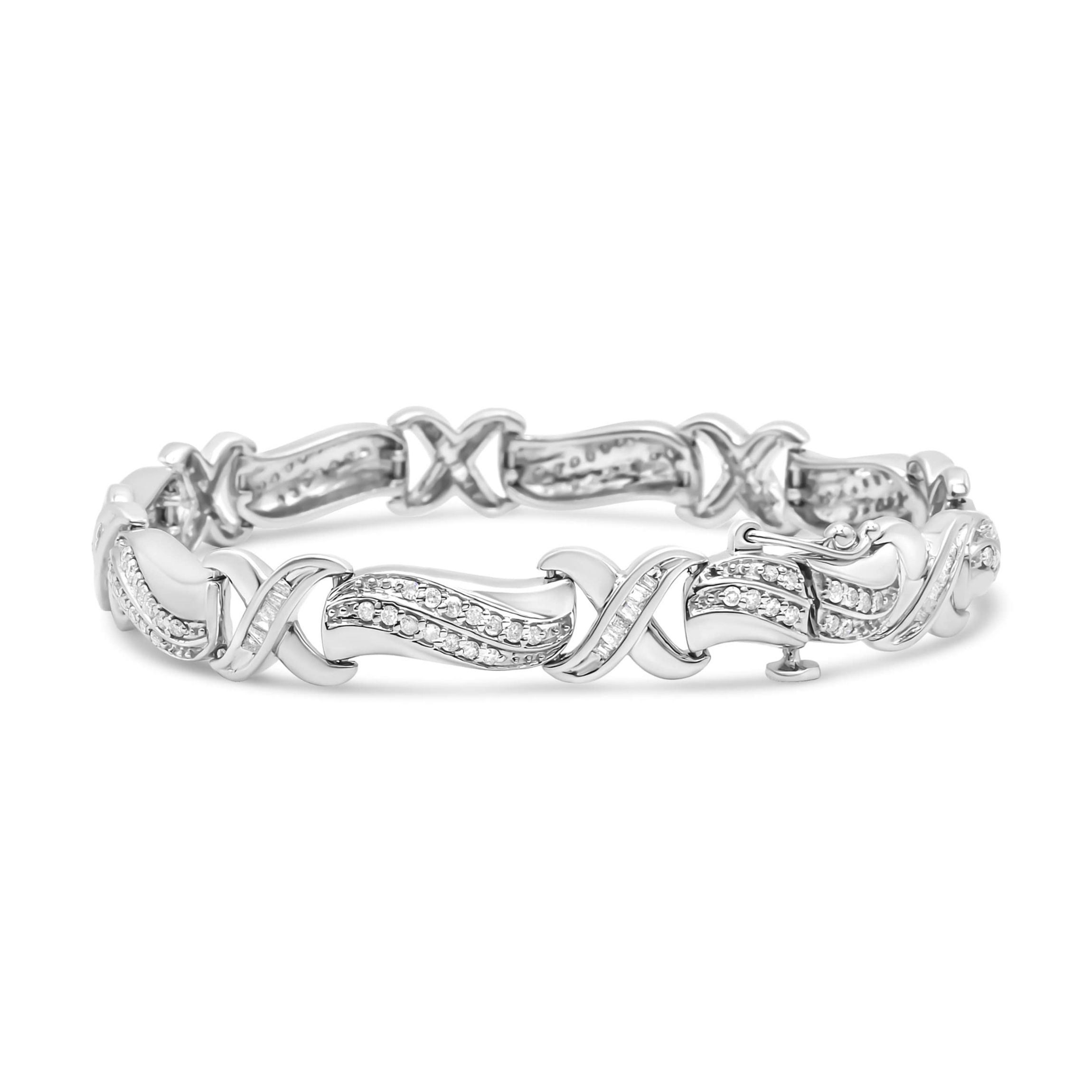 .925 Sterling Silver 1 3/4 Cttw Diamond Wave and X Link Tennis Bracelet - 7"