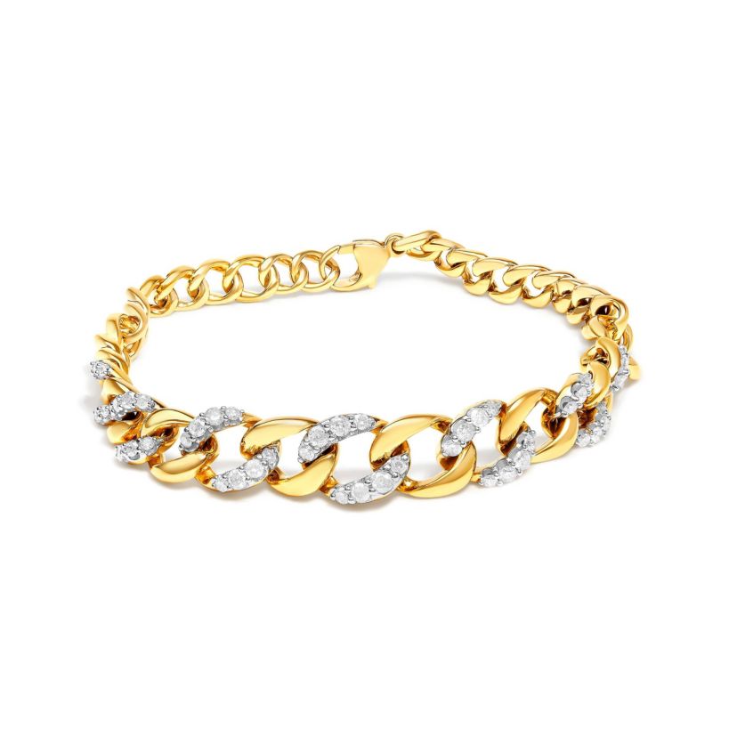 14K Yellow Gold Plated Silver 1 1/4 Cttw Diamond Cuban Chain Link Bracelet- 7.25"