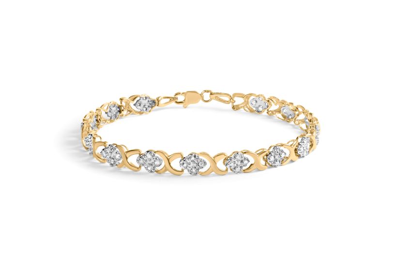 10K Yellow Gold 1.00 Cttw Diamond 5 Stone Cluster and "X" Link Bracelet
