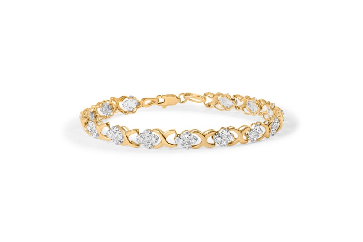 10K Yellow Gold 1.00 Cttw Diamond 5 Stone Cluster and "X" Link Bracelet