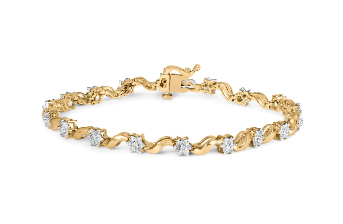 10k Yellow Gold 1.00 Cttw Diamond Floral S-Link Bracelet