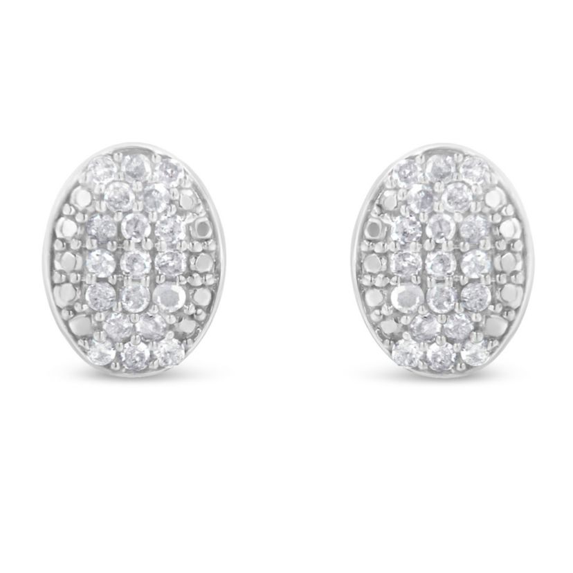 Sterling Silver Round Diamond Oval Cluster Earrings