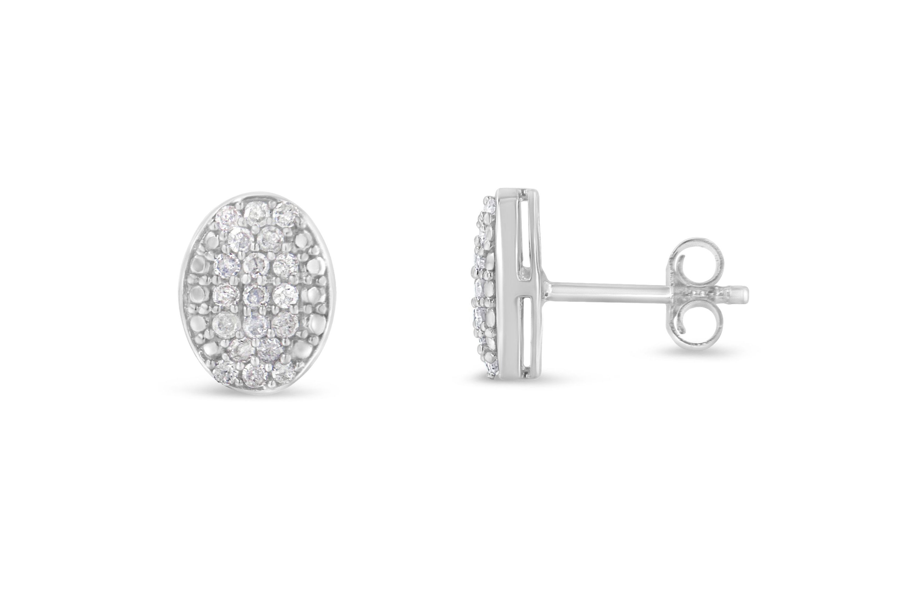 Sterling Silver Round Diamond Oval Cluster Earrings