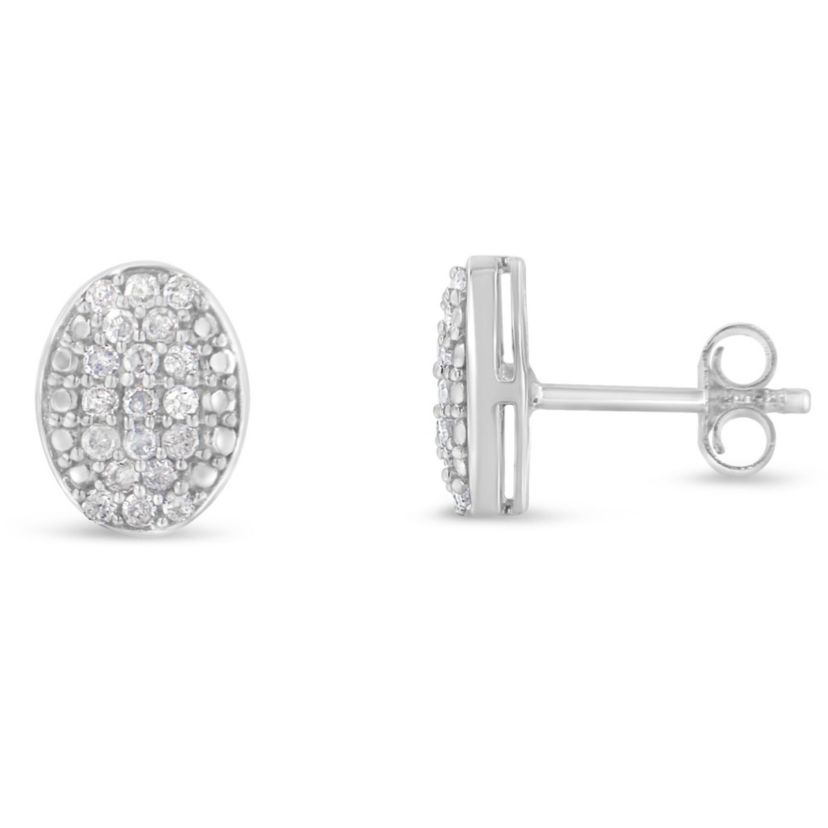 Sterling Silver Round Diamond Oval Cluster Earrings