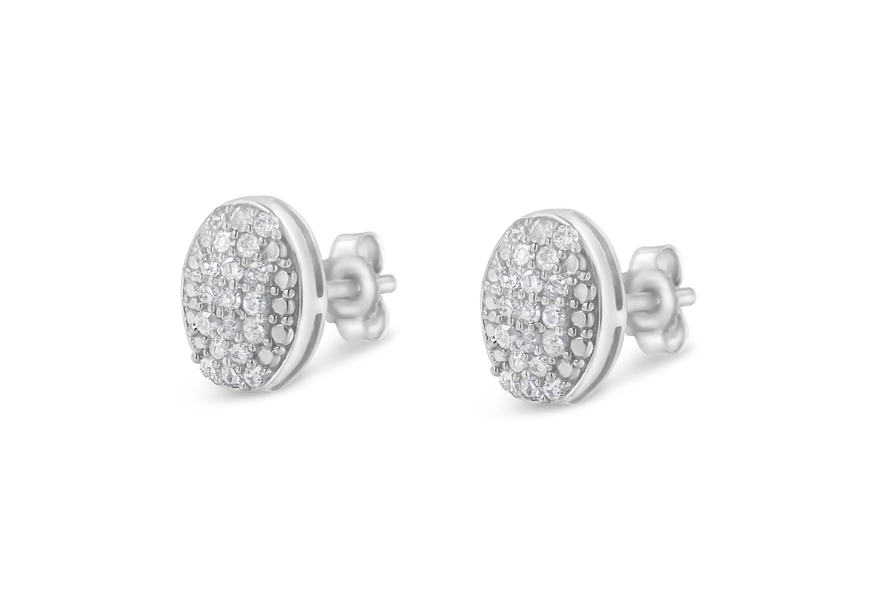Sterling Silver Round Diamond Oval Cluster Earrings