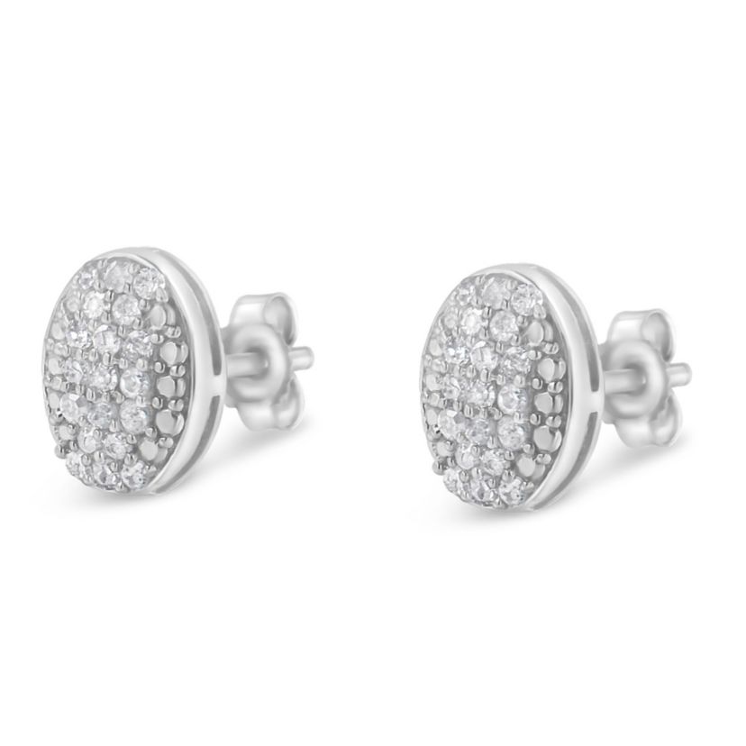 Sterling Silver Round Diamond Oval Cluster Earrings