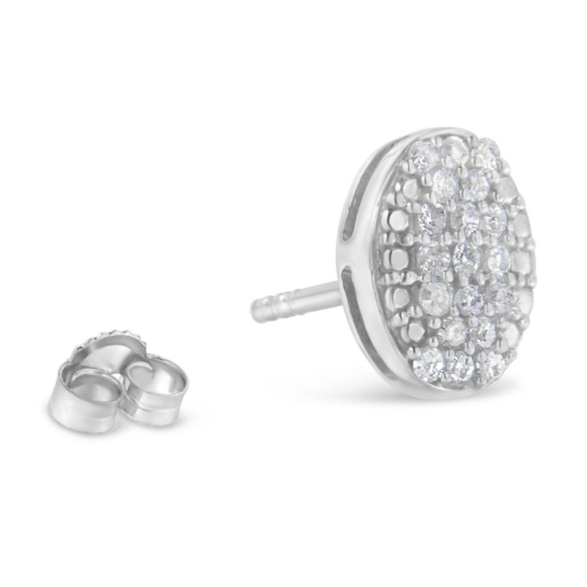 Sterling Silver Round Diamond Oval Cluster Earrings