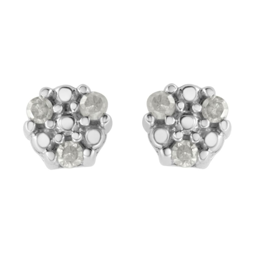 Silver 1/10 Ct Prong RoundTrio Diamond Stud Earrings