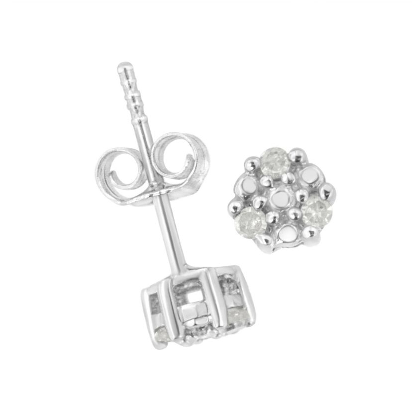 Silver 1/10 Ct Prong RoundTrio Diamond Stud Earrings