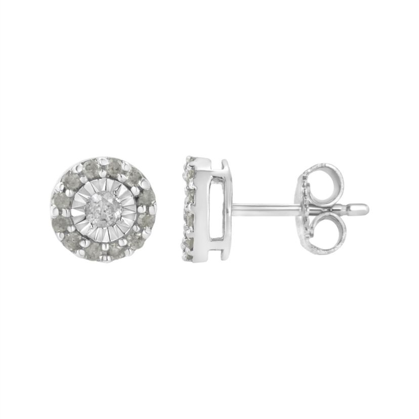 Silver 1/2 Ct Miracle- Round Diamond Halo Stud Earrings