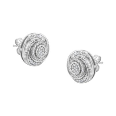 Haus of Brilliance Silver 1/4 Ct Baguette and Round Diamond Swirl Love Knot Stud Earrings, White