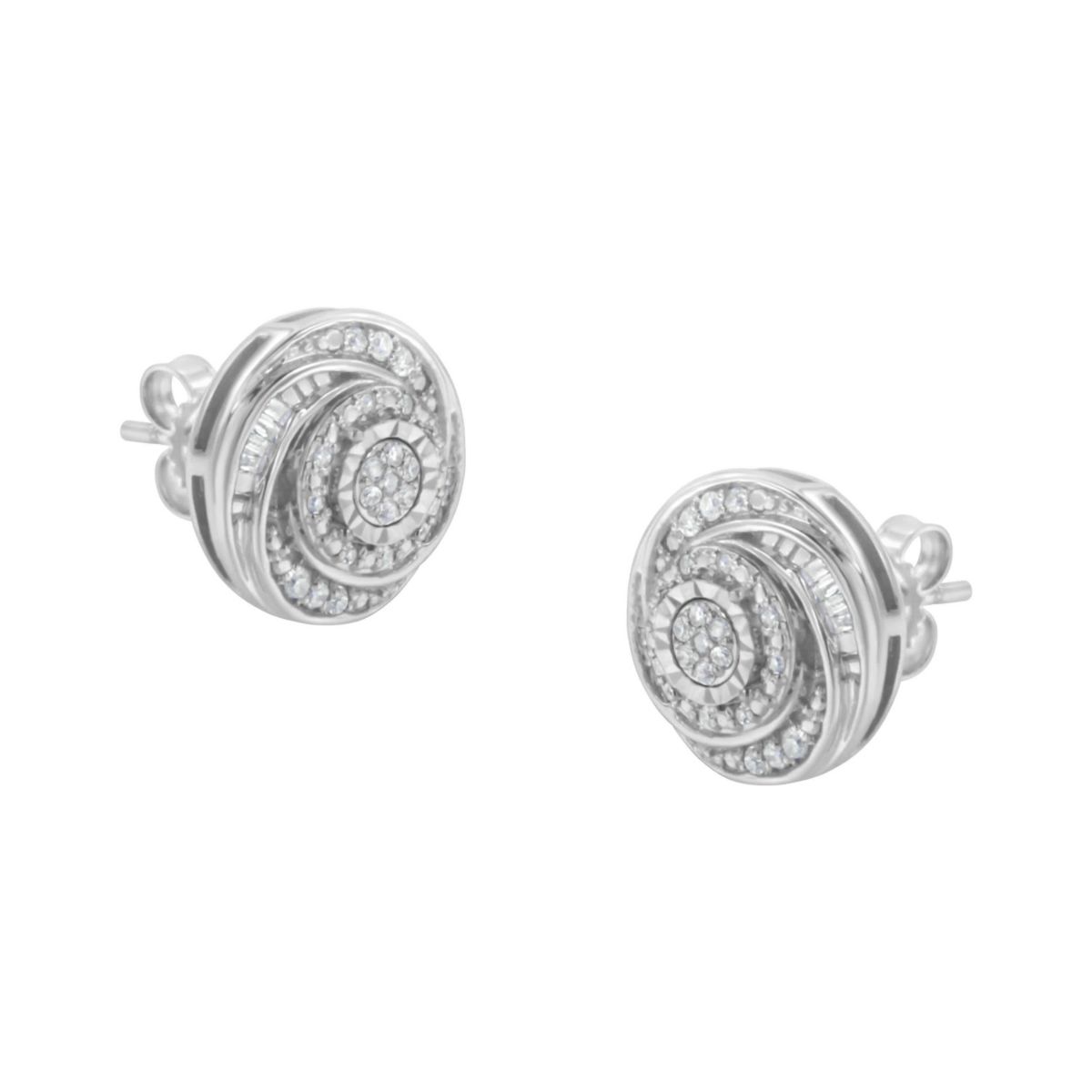 Silver 1/4 Ct Baguette and Round Diamond Swirl Love Knot Stud Earrings