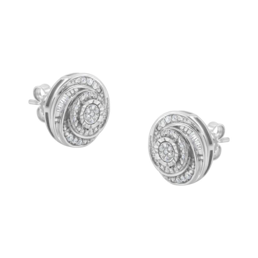 Silver 1/4 Ct Baguette and Round Diamond Swirl Love Knot Stud Earrings
