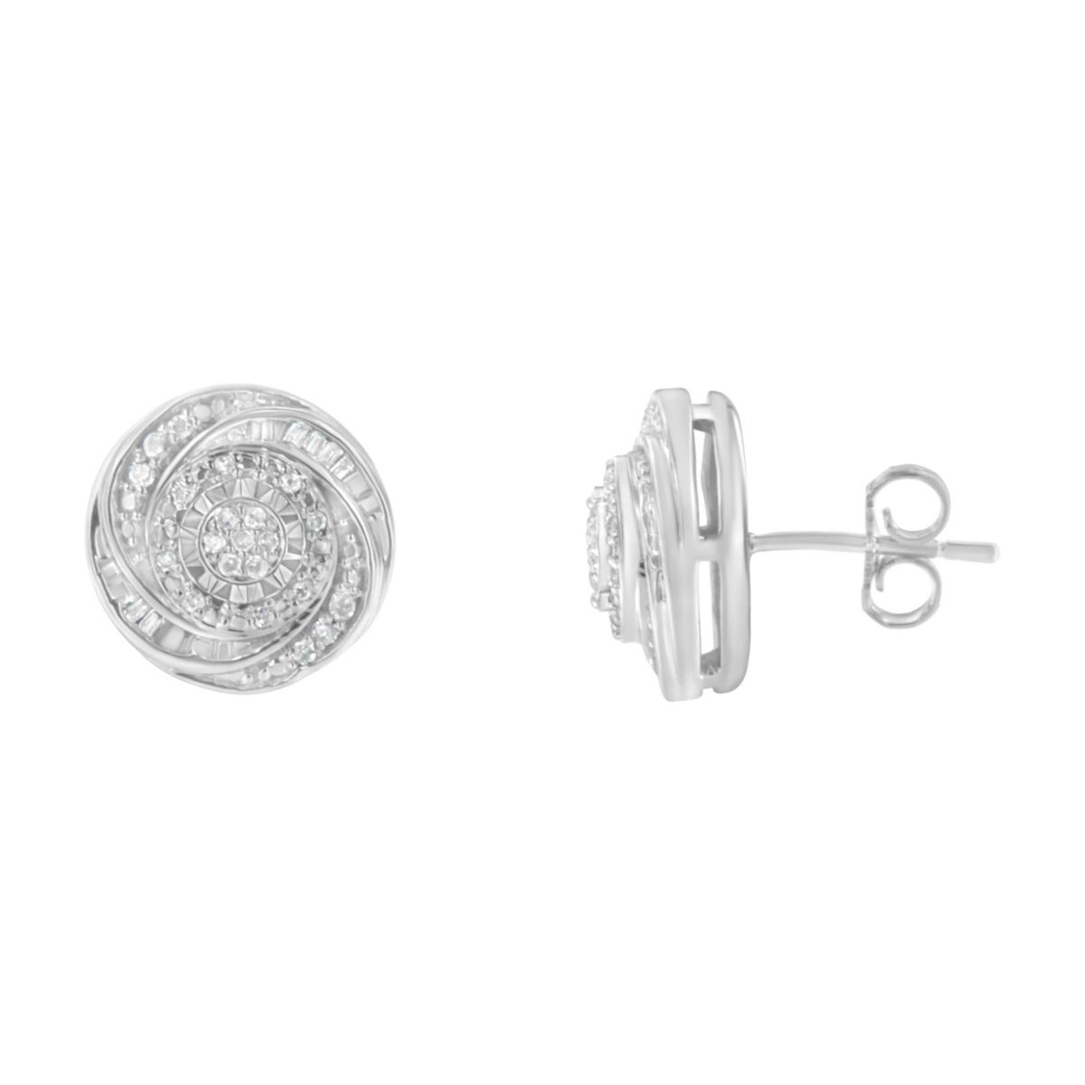 Silver 1/4 Ct Baguette and Round Diamond Swirl Love Knot Stud Earrings