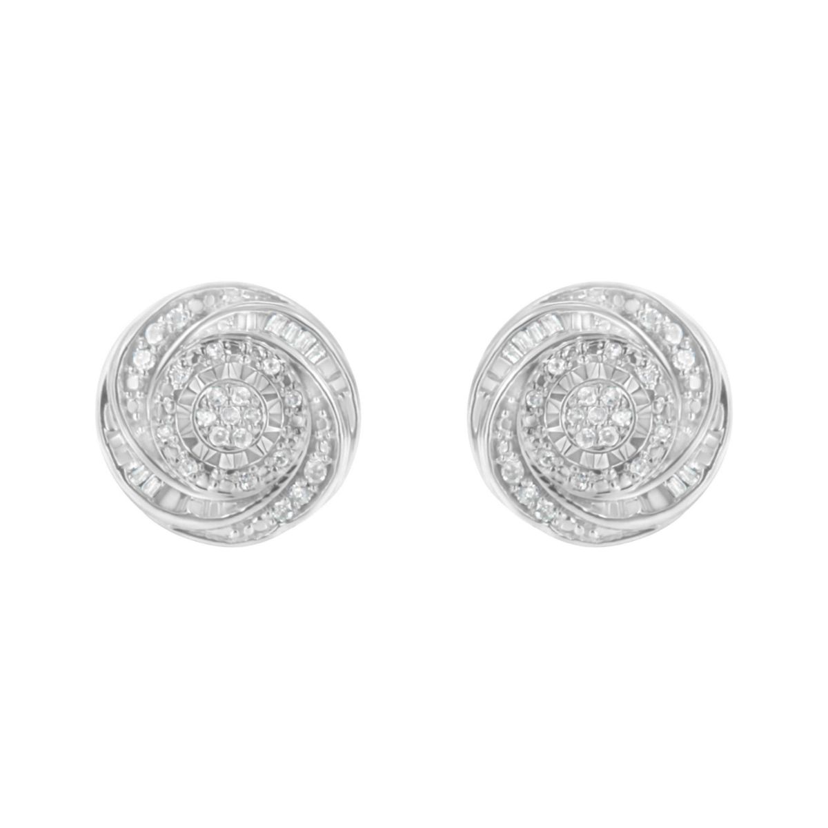 Silver 1/4 Ct Baguette and Round Diamond Swirl Love Knot Stud Earrings