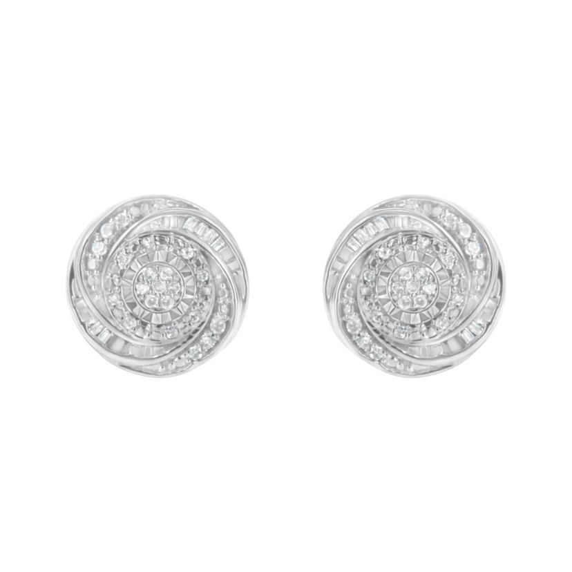 Silver 1/4 Ct Baguette and Round Diamond Swirl Love Knot Stud Earrings