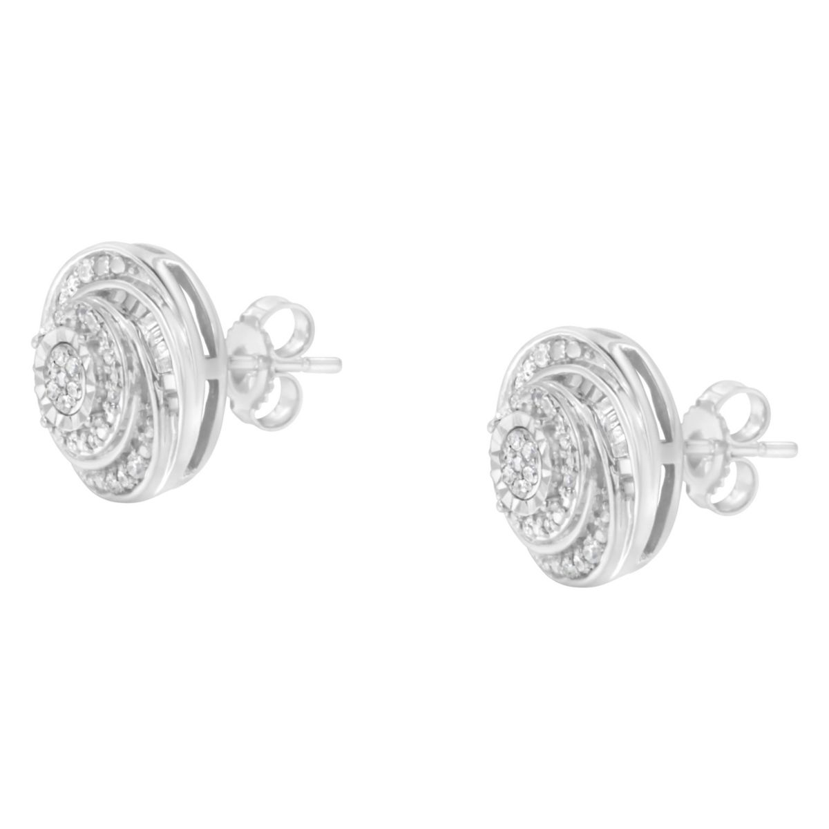 Silver 1/4 Ct Baguette and Round Diamond Swirl Love Knot Stud Earrings