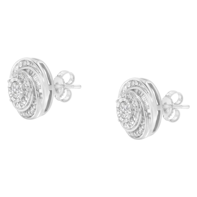 Silver 1/4 Ct Baguette and Round Diamond Swirl Love Knot Stud Earrings