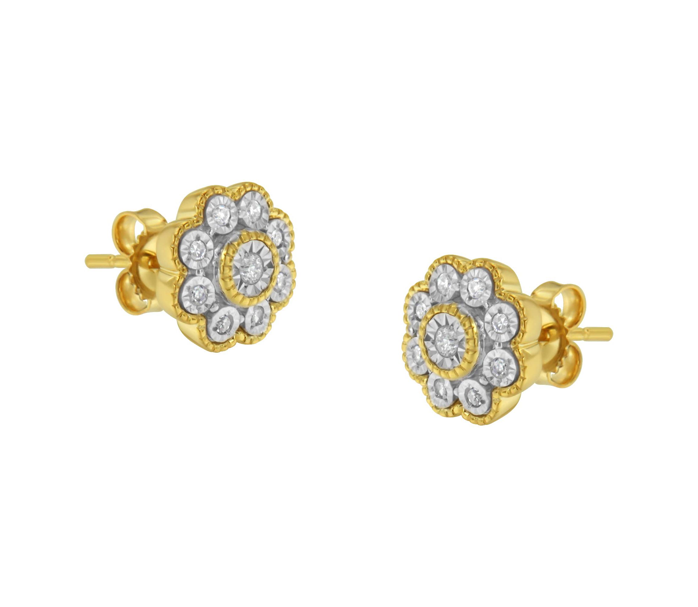 14K Yellow Gold Plated Silver 1/6 Ct Miracle-Plate Diamond Floral Stud Earrings